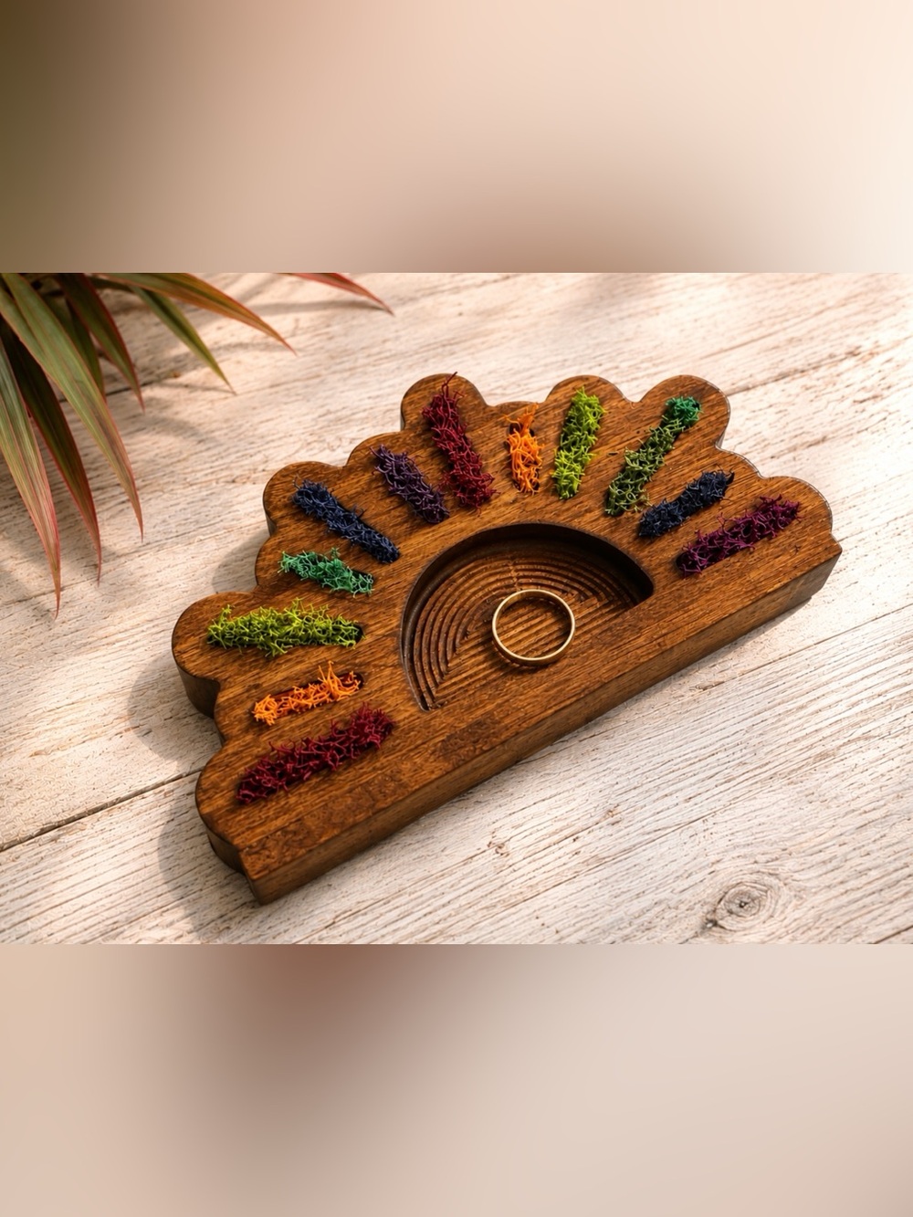 Wood Rainbow Ring Holder with Multicolor Moss Accents